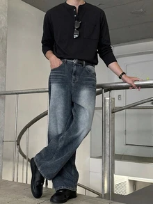 DAZY 春秋款黑色圓領半鈕扣貼袋設計男士T恤 - 黑色 - 查看 4