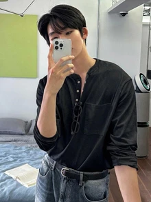 DAZY 春秋款黑色圓領半鈕扣貼袋設計男士T恤 - 黑色 - 查看 7