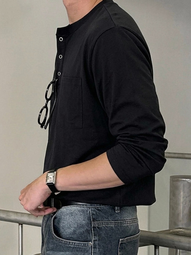 DAZY Spring/Autumn Black Crew Neck Half-Button Patch Pocket Design Men's T-Shirt - Black - View 6