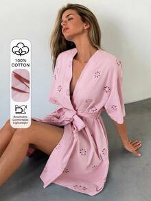 Livesso Summer Vacation Hollow Embroidery Floral Pattern Loose Fit Women's Nightgown - Pink - View 5