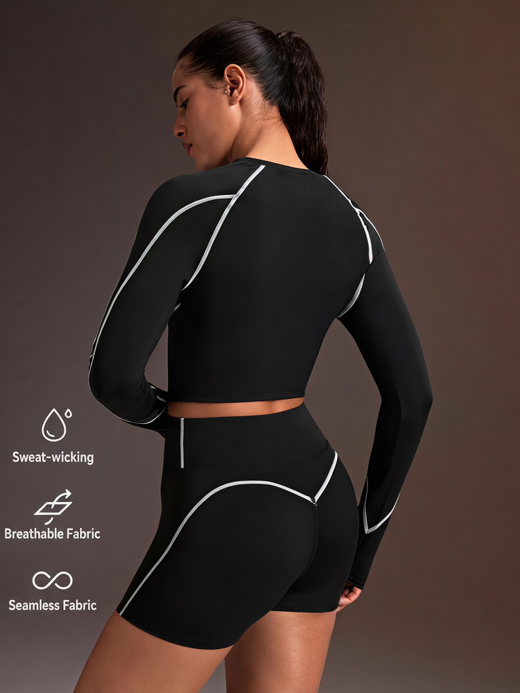 Powerista Women's Contrast Stitching Raglan Long Sleeve T-Shirt And Shorts Sports Set - Black - View 2