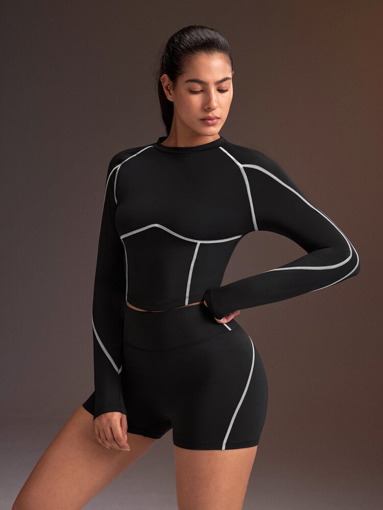 Powerista Women's Contrast Stitching Raglan Long Sleeve T-Shirt And Shorts Sports Set - Black - View 3