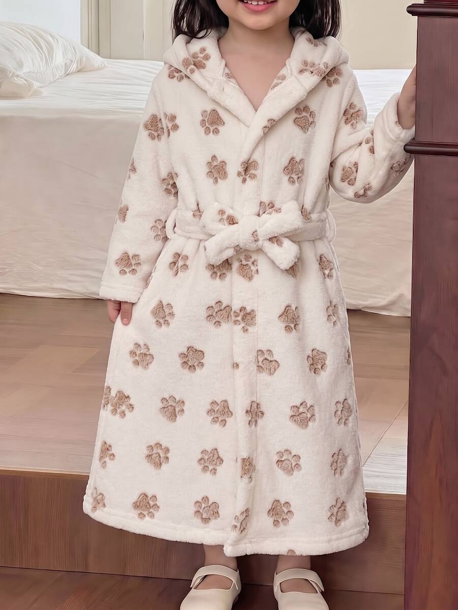 SHEIN 兒童小女孩愛心圖案保暖內裡厚絨連帽長袖居家服 秋季睡衣 粉色可愛草莓 - 杏色 - 查看 1