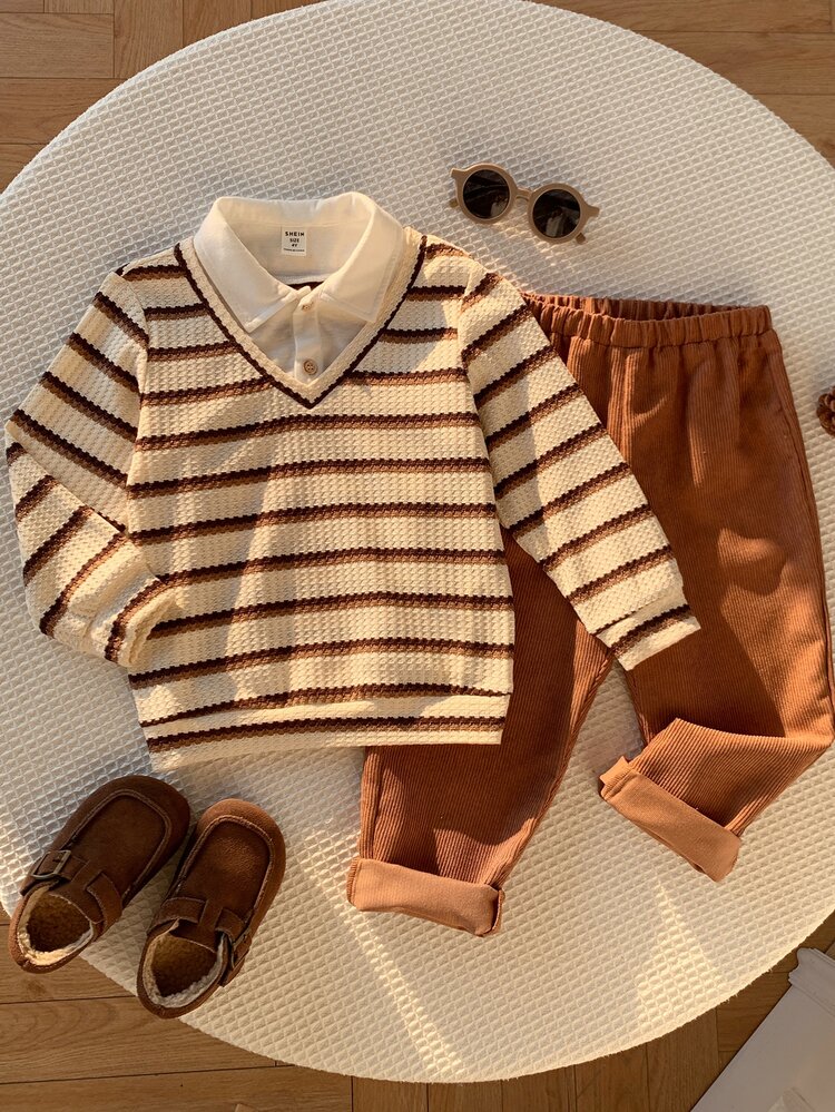SHEIN Kids Young Boy Knit Soft Crew Neck Long Sleeve Pullover Sweatshirt And Elastic Waist Long Autumn Pants 2 Pieces Set - Multicolor - View 5