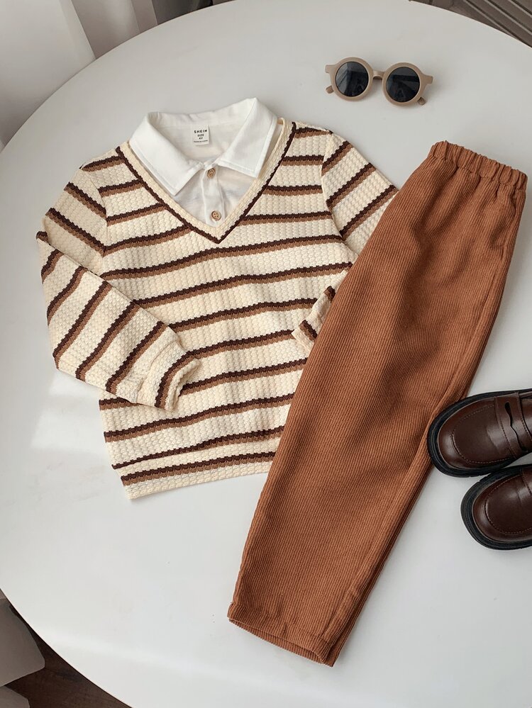 SHEIN Kids Young Boy Knit Soft Crew Neck Long Sleeve Pullover Sweatshirt And Elastic Waist Long Autumn Pants 2 Pieces Set - Multicolor - View 4