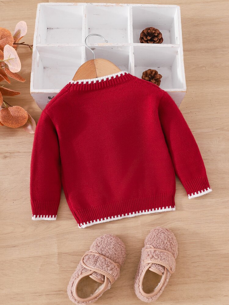 SHEIN Baby Girl Knitted V-Neck Cute Bow Pattern Cardigan Red Sweater, Suitable For Autumn/Winter, Suitable For Holidays,Christmas ,Sweater,New Fall Styles - Multicolor - View 2