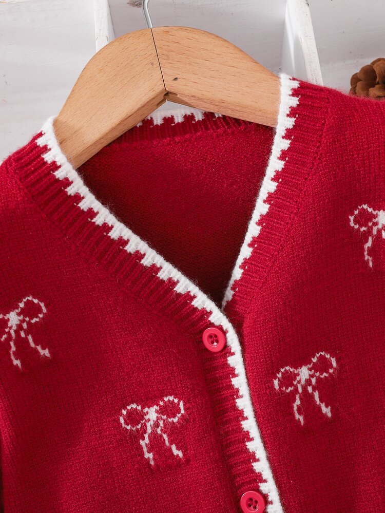 SHEIN Baby Girl Knitted V-Neck Cute Bow Pattern Cardigan Red Sweater, Suitable For Autumn/Winter, Suitable For Holidays,Christmas ,Sweater,New Fall Styles - Multicolor - View 3