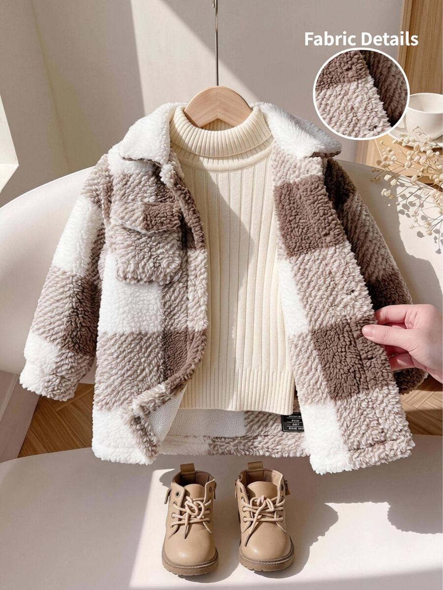 Cozy Pixies Baby Girl Knitted Plaid Faux Fur Collar Double Pocket Casual Winter Jacket - Multicolor - View 1