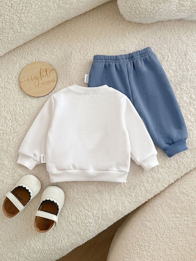 SHEIN Newborn Baby Boy Cute Autumn/Winter Versatile Cartoon Elephant Pattern Sweatshirt & Elastic Waist Long Pants Set - Blue - View 2