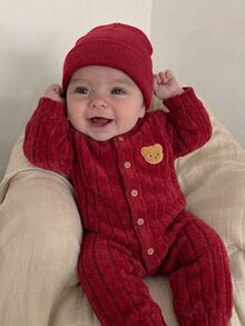 SHEIN Kids Kids Newborn Cute Knitted Red Cartoon Bear Pattern Home Wear Autumn Romper - Red - View 4