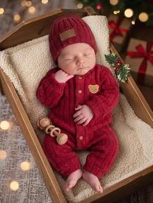 SHEIN Kids Kids Newborn Cute Knitted Red Cartoon Bear Pattern Home Wear Autumn Romper - Red - View 2