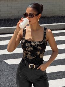 Silquee Women's Square Neck Textured Floral Fitted Sexy Bodysuit - Black - View 3
