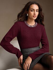 Anewsta Elegant Wool Blend Solid Color Fuzzy Knit Sweater With Crystal Diamond Collar, Autumn/Winter - Burgundy - View 2