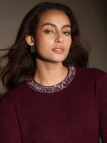Anewsta Elegant Wool Blend Solid Color Fuzzy Knit Sweater With Crystal Diamond Collar, Autumn/Winter - Burgundy - View 8