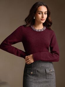 Anewsta Elegant Wool Blend Solid Color Fuzzy Knit Sweater With Crystal Diamond Collar, Autumn/Winter - Burgundy - View 5