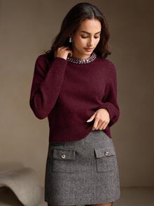 Anewsta Elegant Wool Blend Solid Color Fuzzy Knit Sweater With Crystal Diamond Collar, Autumn/Winter - Burgundy - View 6