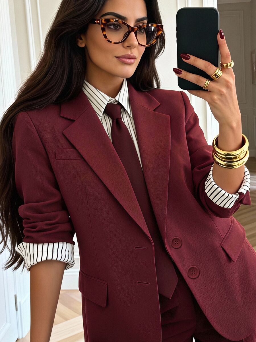 Anewsta Essential 2pcs Women's Suit Set, Vintage Style Blazer Jacket + Straight Leg Pants, Maillard Color