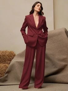 Anewsta Essential 2pcs Women's Suit Set, Vintage Style Blazer Jacket + Straight Leg Pants, Maillard Color - Burgundy - View 3