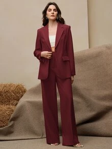 Anewsta Essential 2pcs Women's Suit Set, Vintage Style Blazer Jacket + Straight Leg Pants, Maillard Color - Burgundy - View 5