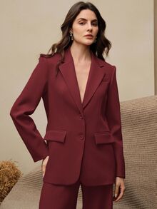 Anewsta Essential 2pcs Women's Suit Set, Vintage Style Blazer Jacket + Straight Leg Pants, Maillard Color - Burgundy - View 7