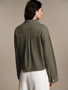 Anewsta Essential Women's Fall Winter Green Denim Jacket, Vintage Elegant Short Workwear Jacket With Lapel Collar, Drop Shoulder And Dual Pockets, Suitable For Commute And Daily Wear - Green - View 2
