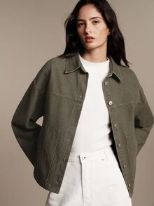 Anewsta Essential Women's Fall Winter Green Denim Jacket, Vintage Elegant Short Workwear Jacket With Lapel Collar, Drop Shoulder And Dual Pockets, Suitable For Commute And Daily Wear - Green - View 5