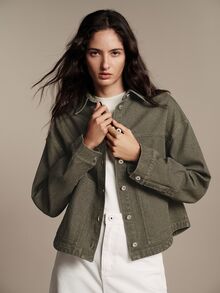 Anewsta Essential Women's Fall Winter Green Denim Jacket, Vintage Elegant Short Workwear Jacket With Lapel Collar, Drop Shoulder And Dual Pockets, Suitable For Commute And Daily Wear - Green - View 10