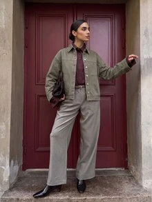 Anewsta Essential Women's Fall Winter Green Denim Jacket, Vintage Elegant Short Workwear Jacket With Lapel Collar, Drop Shoulder And Dual Pockets, Suitable For Commute And Daily Wear - Green - View 13
