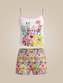 SpongeBob SquarePants | SHEIN Tween Girl Cartoon Print Camisole & Boyshort Underwear Set - Pink - View 3