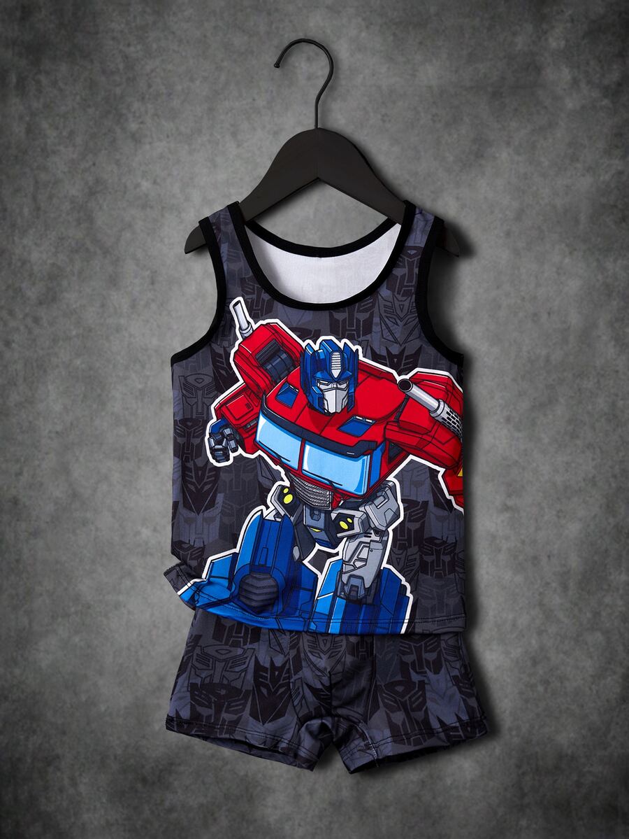 Transformers X SHEIN Young Boy Round Neck Sleeveless Cartoon Print Tank Top & Boxer Briefs Underwear Set - Black - View 1