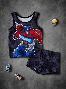 Transformers X SHEIN Young Boy Round Neck Sleeveless Cartoon Print Tank Top & Boxer Briefs Underwear Set - Black - View 3