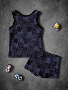 Transformers X SHEIN Young Boy Round Neck Sleeveless Cartoon Print Tank Top & Boxer Briefs Underwear Set - Black - View 2