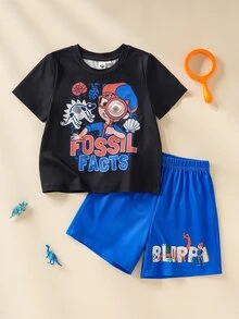 Blippi X SHEIN Young Boys Round Neck Cartoon Character Print T-Shirt And Shorts Loungewear Set - Black - View 3