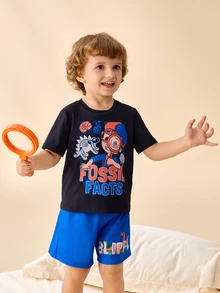 Blippi X SHEIN Young Boys Round Neck Cartoon Character Print T-Shirt And Shorts Loungewear Set - Black - View 1