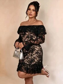 Cravure Plus Size Black Sheer Lace Open Shoulder Tier Ruffle Flared Sleeve Bodycon Cocktail Mini Dress Fall - Black - View 2
