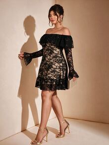 Cravure Plus Size Black Sheer Lace Open Shoulder Tier Ruffle Flared Sleeve Bodycon Cocktail Mini Dress Fall - Black - View 4