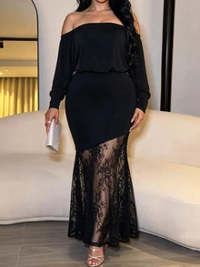 Cravure Plus Size Women's Autumn/Winter Square Neck Loose Top Fitted Bottom Lace Patchwork Elegant Party Dress Fall - Black - View 2