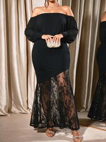 Cravure Plus Size Women's Autumn/Winter Square Neck Loose Top Fitted Bottom Lace Patchwork Elegant Party Dress Fall - Black - View 3