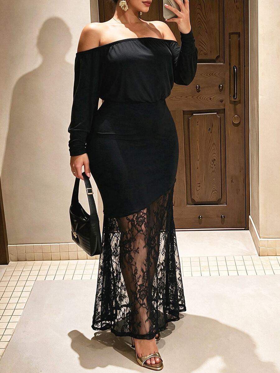 Cravure Plus Size Women's Autumn/Winter Square Neck Loose Top Fitted Bottom Lace Patchwork Elegant Party Dress Fall - Black - View 1