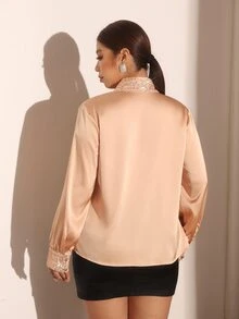 Cravure Plus Size Women Elegant Casual Fashion Sequin Bow Blouse - Champagne - View 2
