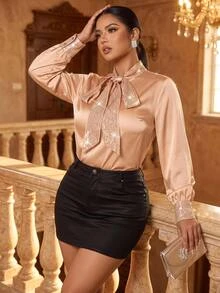 Cravure Plus Size Women Elegant Casual Fashion Sequin Bow Blouse - Champagne - View 3
