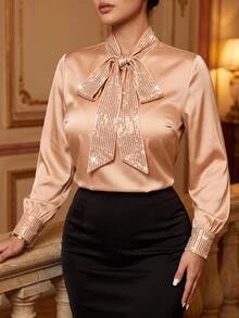 Cravure Plus Size Women Elegant Casual Fashion Sequin Bow Blouse - Champagne - View 1