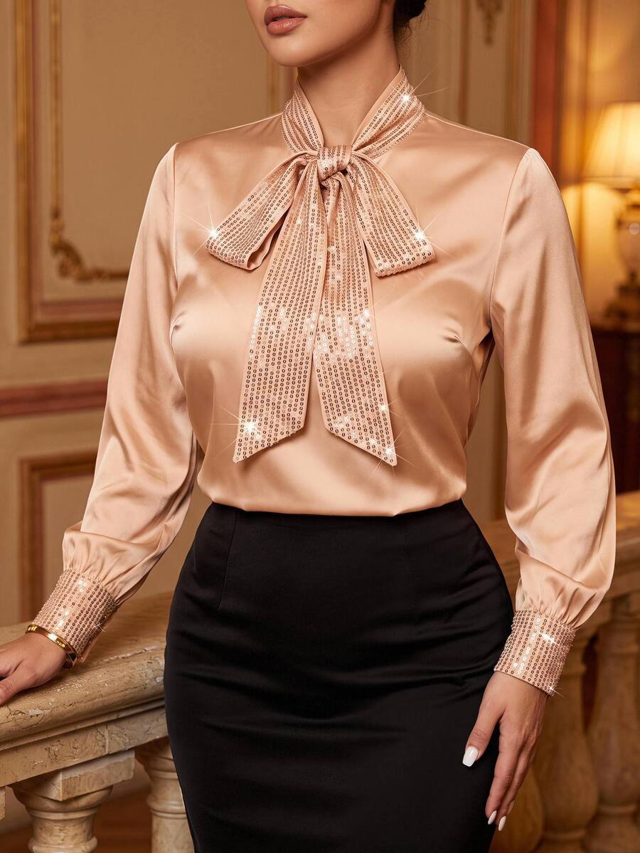 Cravure Plus Size Women Elegant Casual Fashion Sequin Bow Blouse - Champagne - View 1