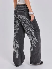 ROMWE Y2K Women's Wing Pattern Wide Leg Loose Casual Denim Colossus Jeans - Grey - View 5