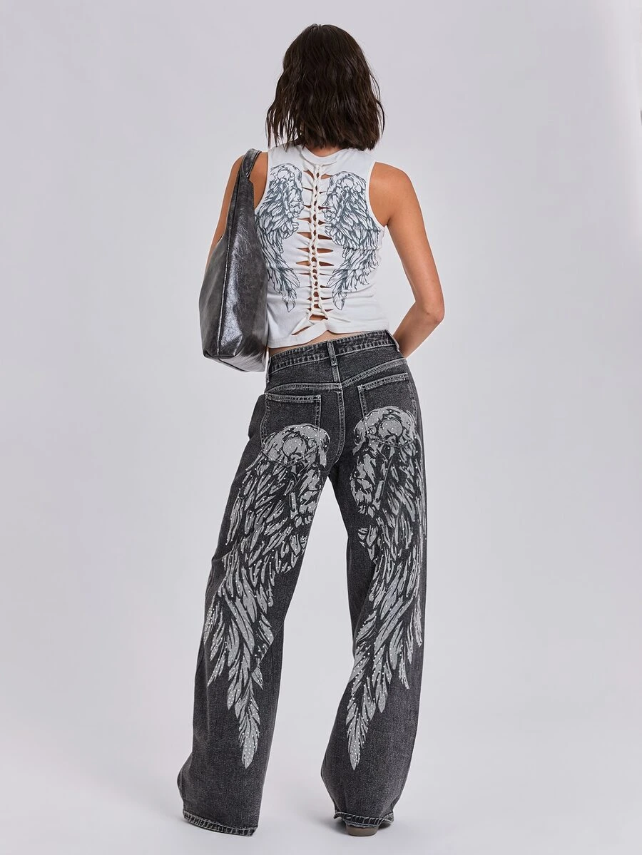 ROMWE Y2K Women's Wing Pattern Wide Leg Loose Casual Denim Colossus Jeans - Grey - View 1