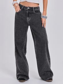 ROMWE Y2K Women's Wing Pattern Wide Leg Loose Casual Denim Colossus Jeans - Grey - View 4