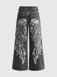 ROMWE Y2K Women's Wing Pattern Wide Leg Loose Casual Denim Colossus Jeans - Grey - View 7