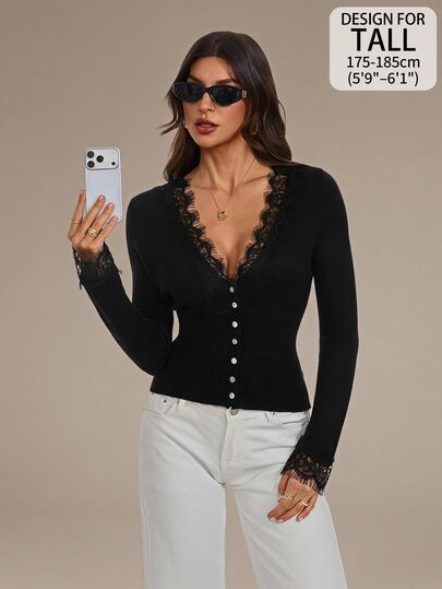 SHEIN Tall Women's Elegant Romantic Sexy Solid Color Lace Patchwork Thin Cardigan Dinner Night Out Date Night Black Autumn,Tall Women