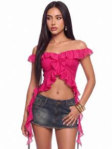 SHEIN ICON Solid Color Off Shoulder Ruffle Slit Fashionable Sexy Blouse For Summer,Summer Top Vacation Hot Pink - Pink - View 1