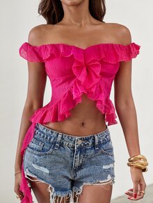 SHEIN ICON Solid Color Off Shoulder Ruffle Slit Fashionable Sexy Blouse For Summer,Summer Top Vacation Hot Pink - Pink - View 5
